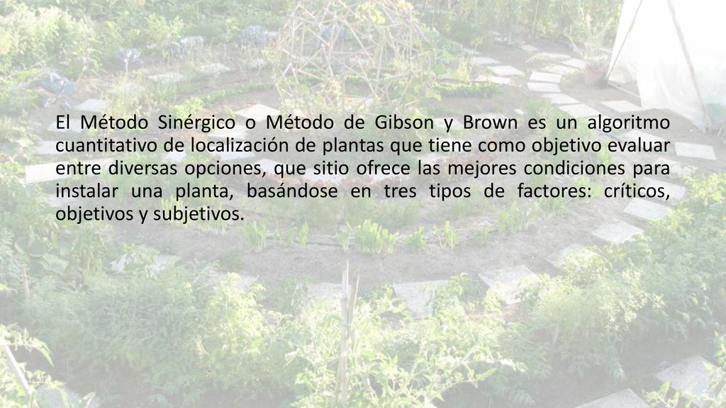 El Método Sinérgico o Método de Gibson y Brown es un algoritmo cuantitativo de localización de plantas que tiene como objetivo evaluar entre diversas opciones, que sitio ofrece las mejores condiciones para instalar una planta, basándose en tres tipos de factores: críticos, objetivos y subjetivos.