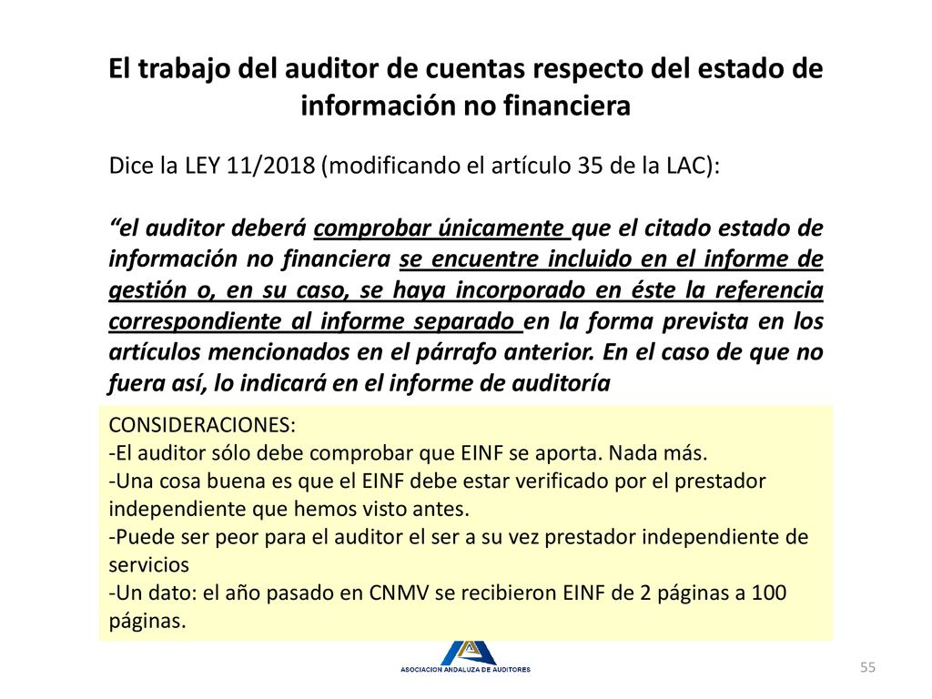 El trabajo del auditor de cuentas respecto del estado de información no financiera