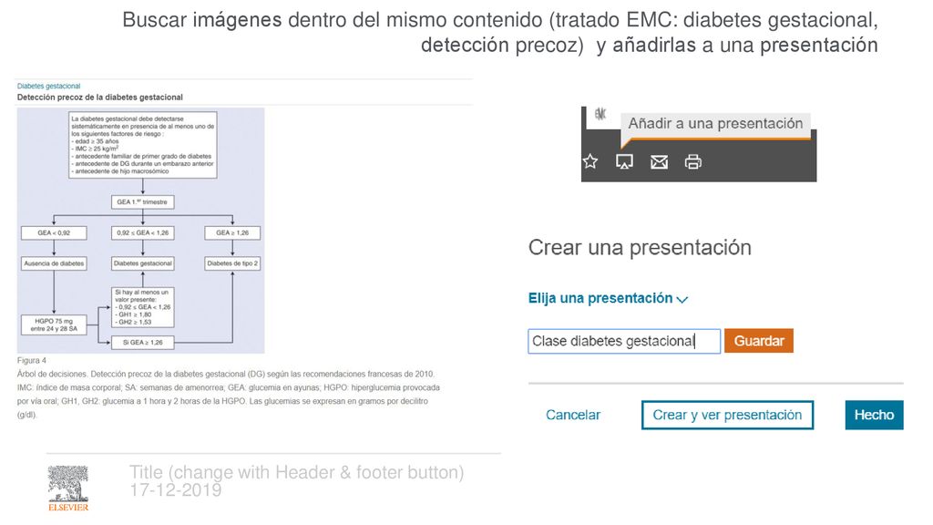 Buscar imágenes dentro del mismo contenido (tratado EMC: diabetes gestacional, detección precoz) y añadirlas a una presentación