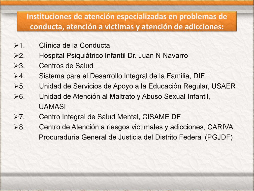 Instituciones de atención especializadas en problemas de conducta, atención a victimas y atención de adicciones:
