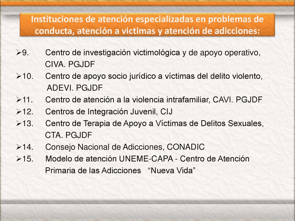 Instituciones de atención especializadas en problemas de conducta, atención a victimas y atención de adicciones: