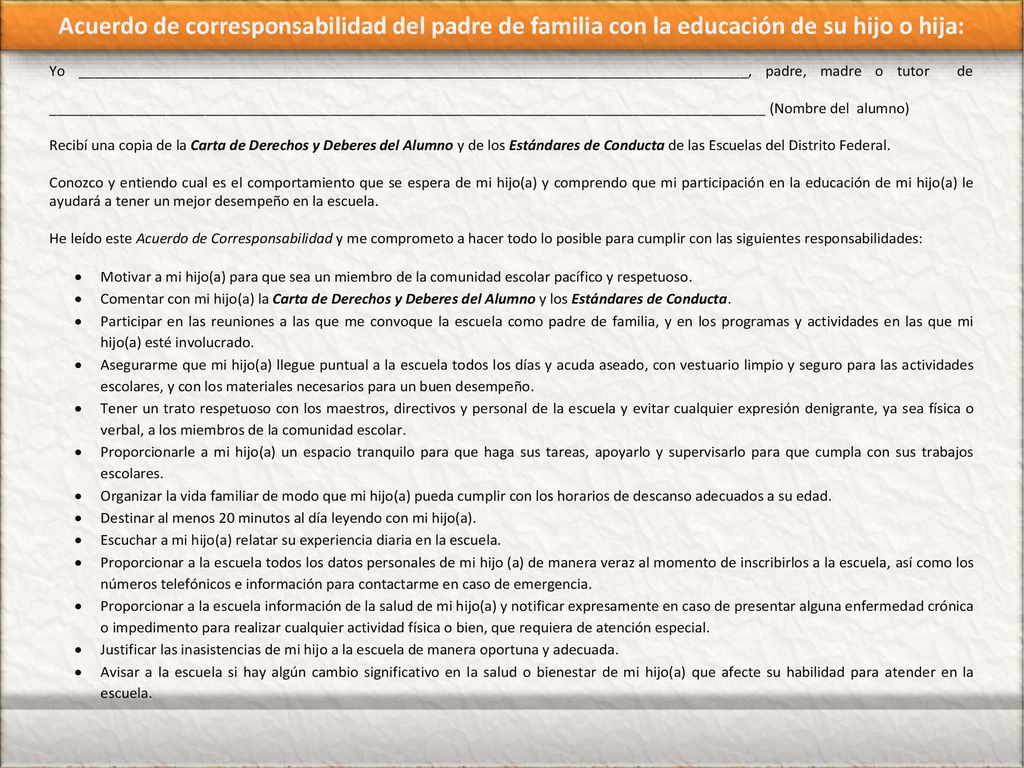 Acuerdo de corresponsabilidad del padre de familia con la educación de su hijo o hija:
