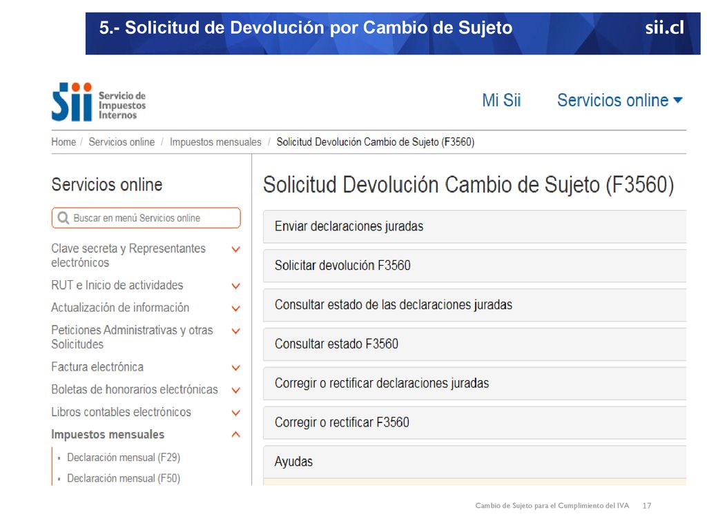 5.- Solicitud de Devolución por Cambio de Sujeto sii.cl