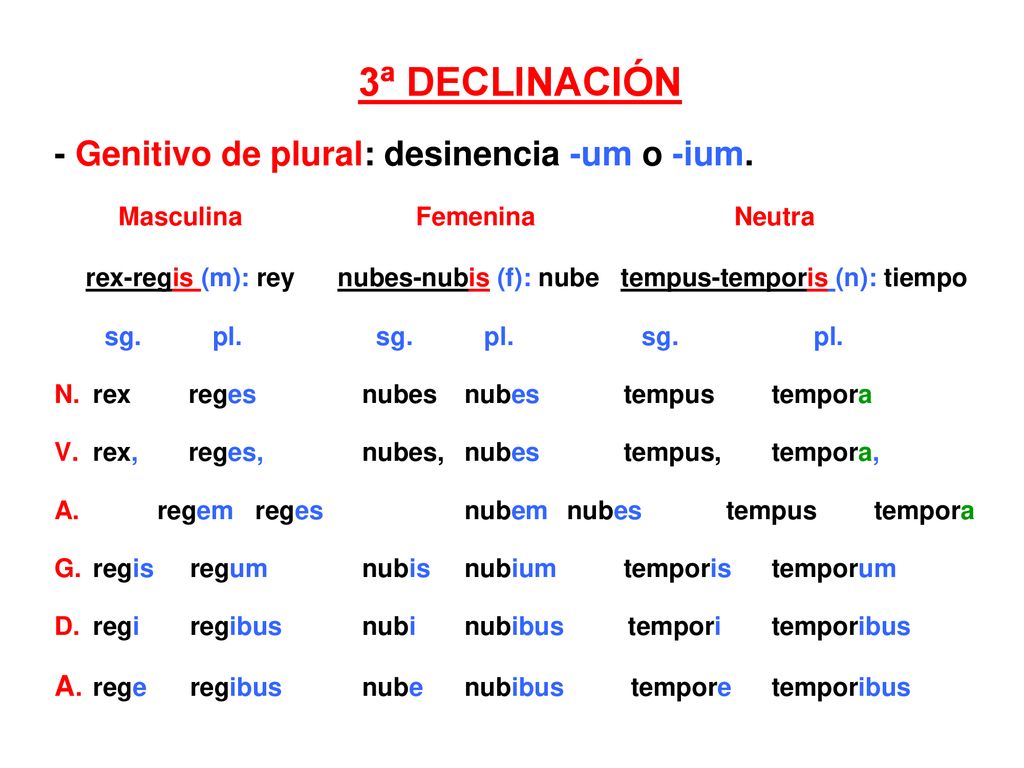 3ª DECLINACIÓN - Genitivo de plural: desinencia -um o -ium.