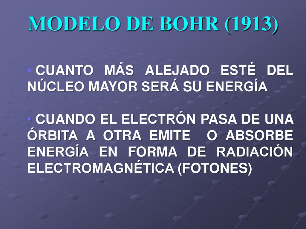MODELO DE BOHR (1913) CUANTO MÁS ALEJADO ESTÉ DEL NÚCLEO MAYOR SERÁ SU ENERGÍA.