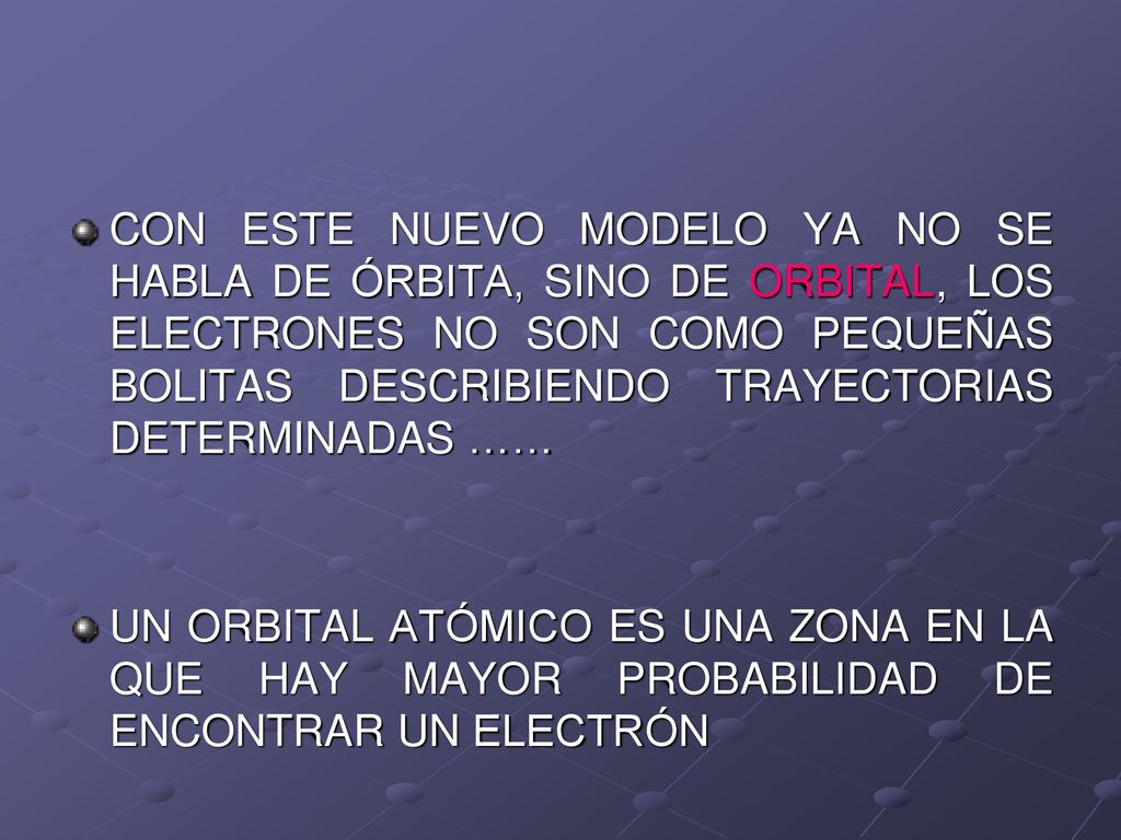 CON ESTE NUEVO MODELO YA NO SE HABLA DE ÓRBITA, SINO DE ORBITAL, LOS ELECTRONES NO SON COMO PEQUEÑAS BOLITAS DESCRIBIENDO TRAYECTORIAS DETERMINADAS ……