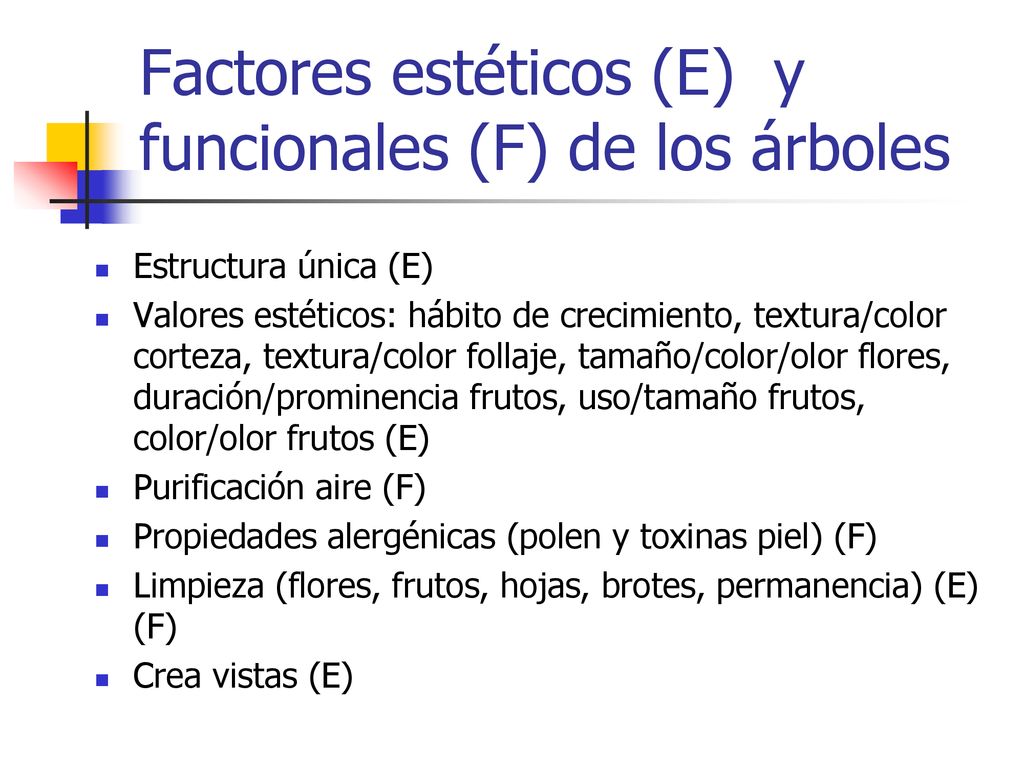 Factores estéticos (E) y funcionales (F) de los árboles