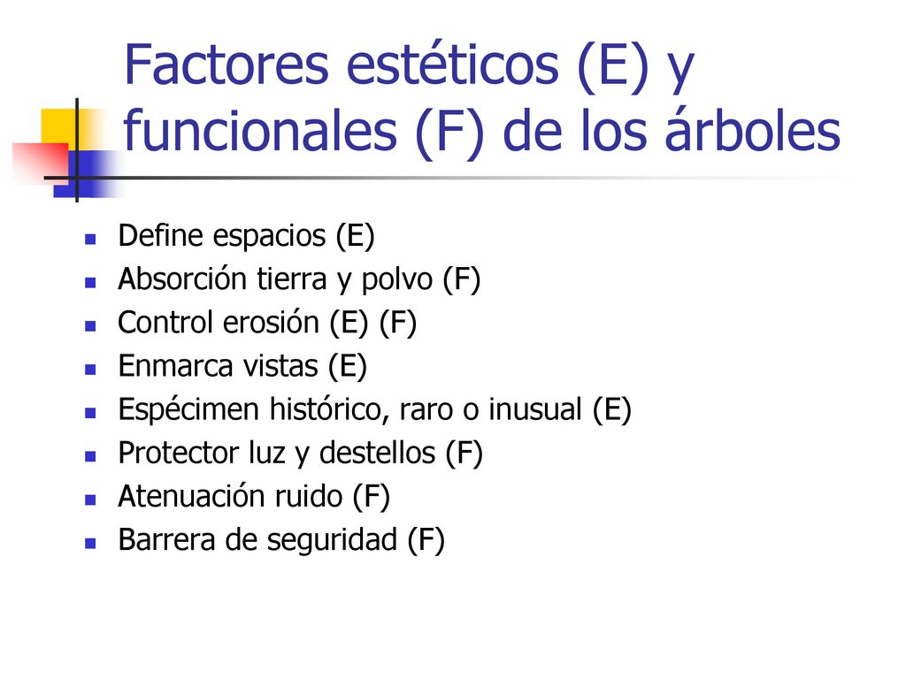 Factores estéticos (E) y funcionales (F) de los árboles
