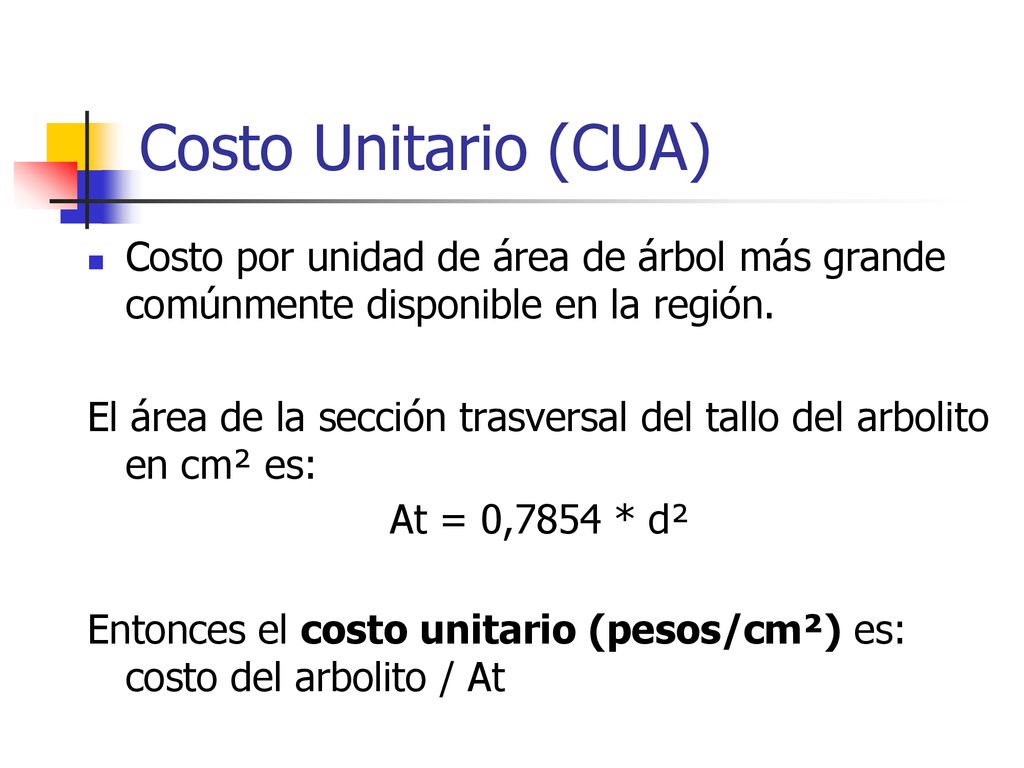 Costo Unitario (CUA) Costo por unidad de área de árbol más grande comúnmente disponible en la región.