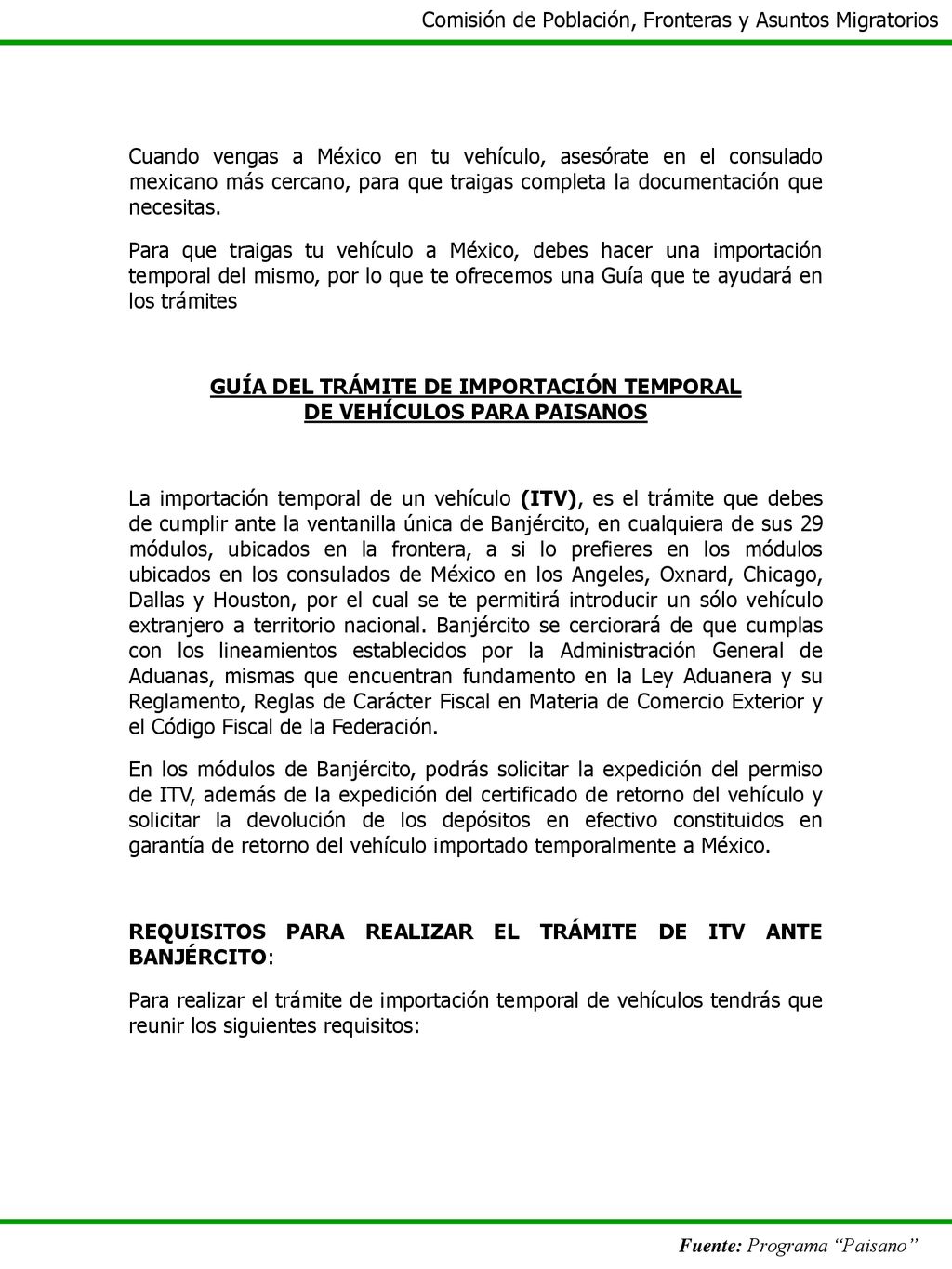 GUÍA DEL TRÁMITE DE IMPORTACIÓN TEMPORAL DE VEHÍCULOS PARA PAISANOS