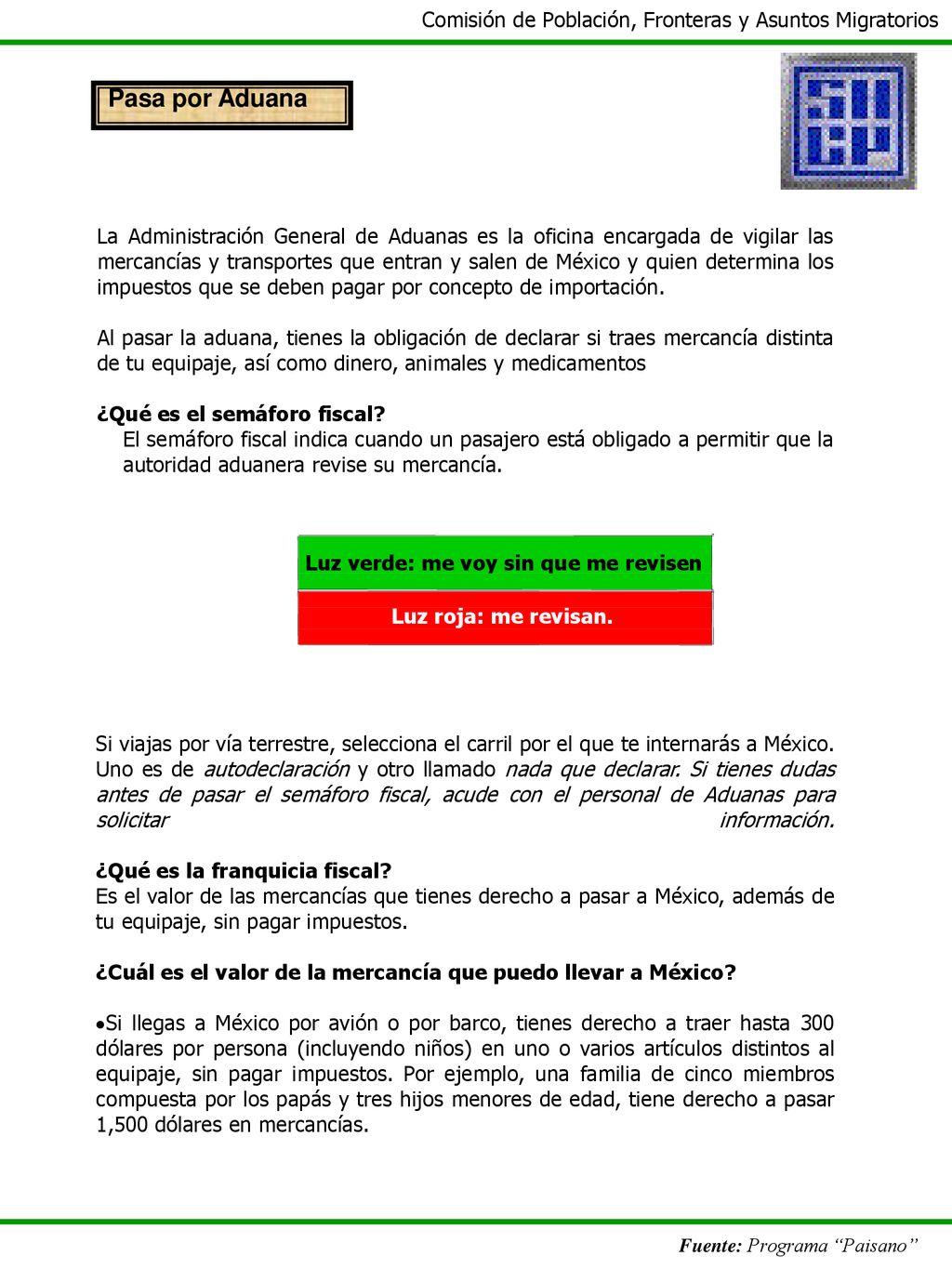 Pasa por Aduana Comisión de Población, Fronteras y Asuntos Migratorios