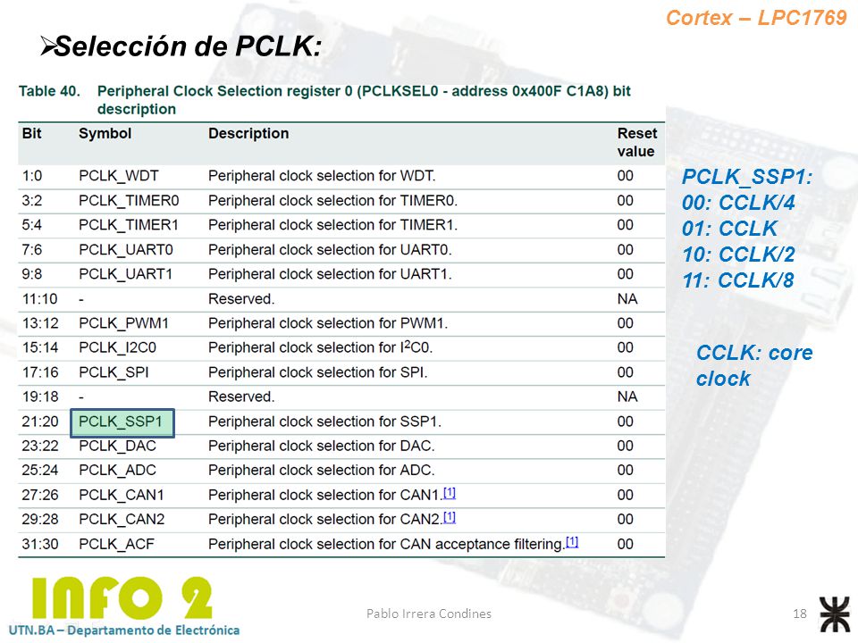 Selección de PCLK: Cortex – LPC1769 PCLK_SSP1: 00: CCLK/4 01: CCLK