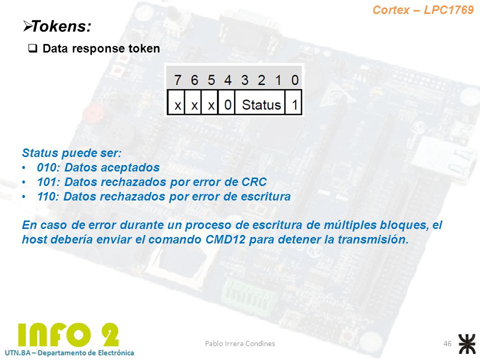 Tokens: Cortex – LPC1769 Data response token Status puede ser: