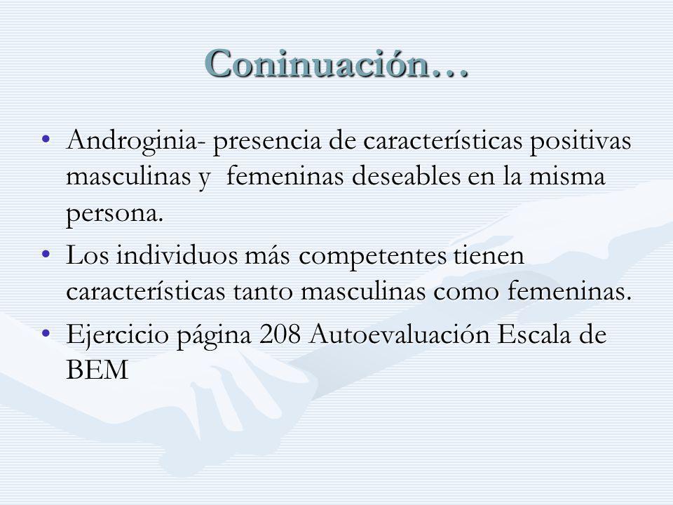 Coninuación… Androginia- presencia de características positivas masculinas y femeninas deseables en la misma persona.