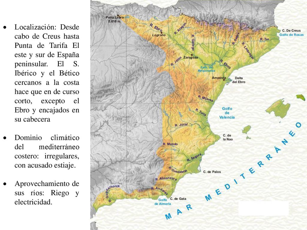 Localización: Desde cabo de Creus hasta Punta de Tarifa El este y sur de España peninsular. El S. Ibérico y el Bético cercanos a la costa hace que en de curso corto, excepto el Ebro y encajados en su cabecera