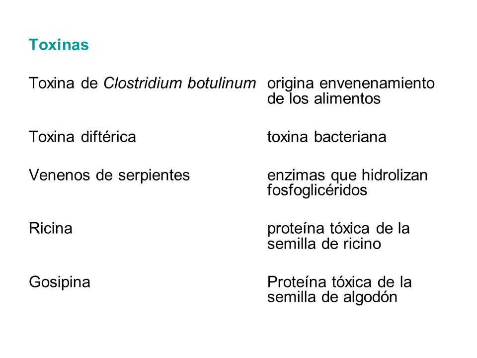 Toxinas Toxina de Clostridium botulinum origina envenenamiento de los alimentos. Toxina diftérica toxina bacteriana.