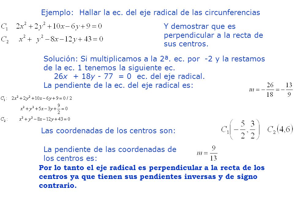 Ejemplo: Hallar la ec. del eje radical de las circunferencias