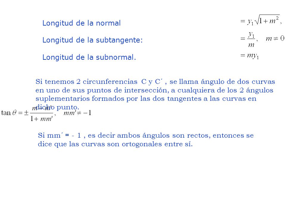 Longitud de la normal Longitud de la subtangente: Longitud de la subnormal.