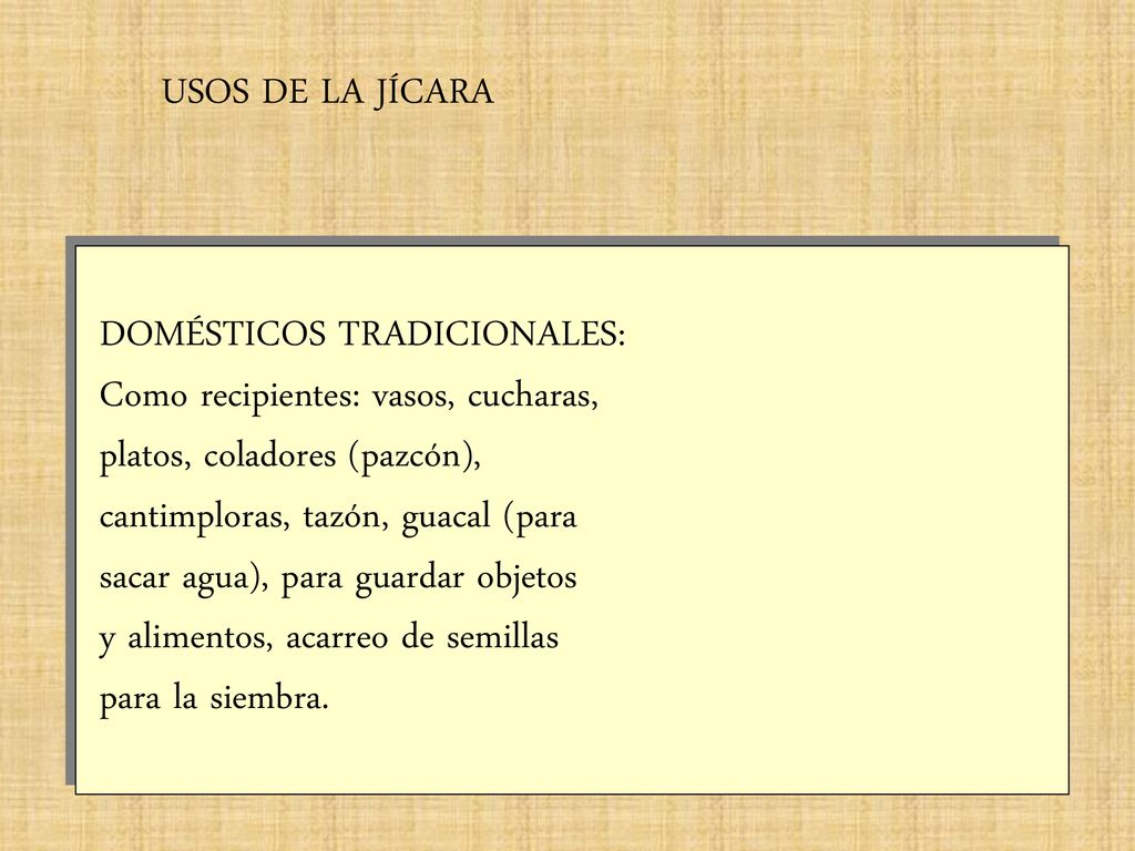 USOS DE LA JÍCARA DOMÉSTICOS TRADICIONALES: Como recipientes: vasos, cucharas, platos, coladores (pazcón),