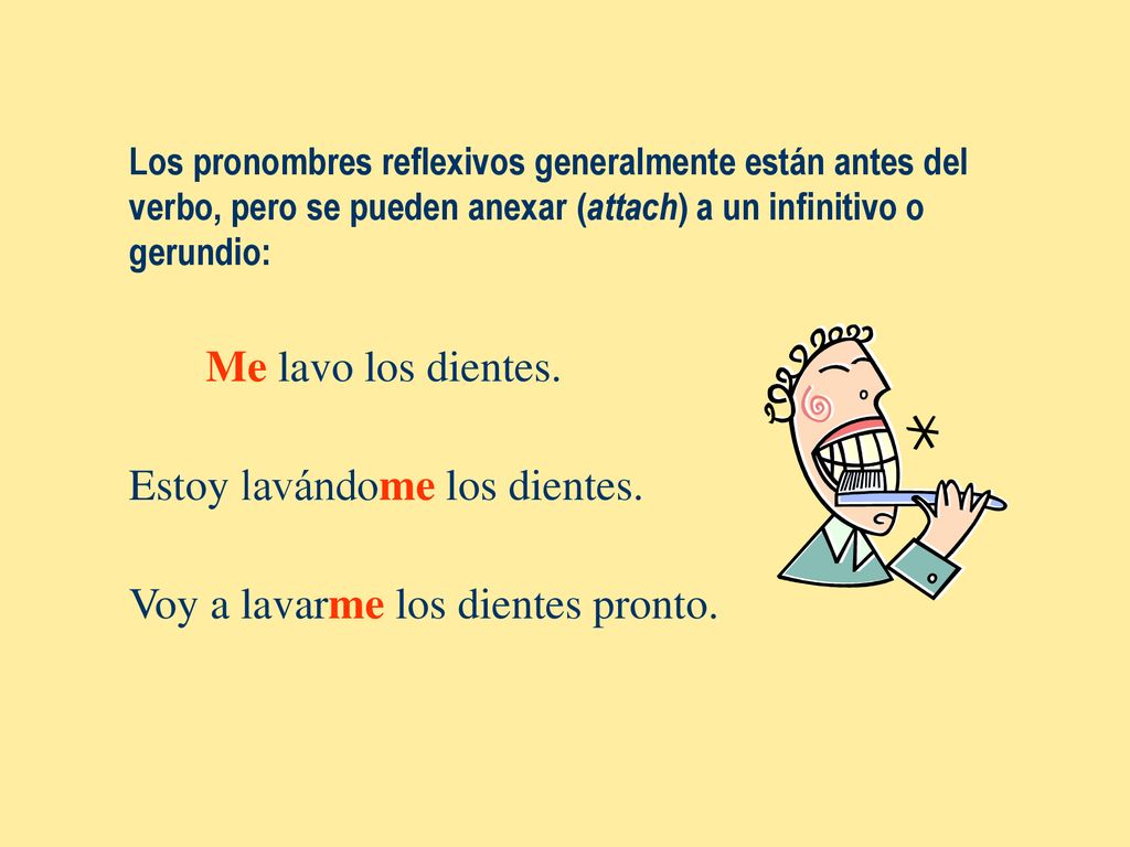 Estoy lavándome los dientes. Voy a lavarme los dientes pronto.
