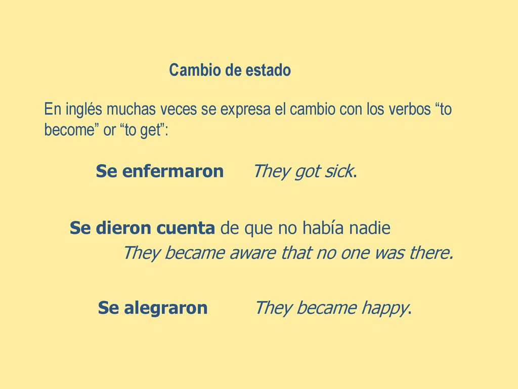 Cambio de estado En inglés muchas veces se expresa el cambio con los verbos to become or to get :