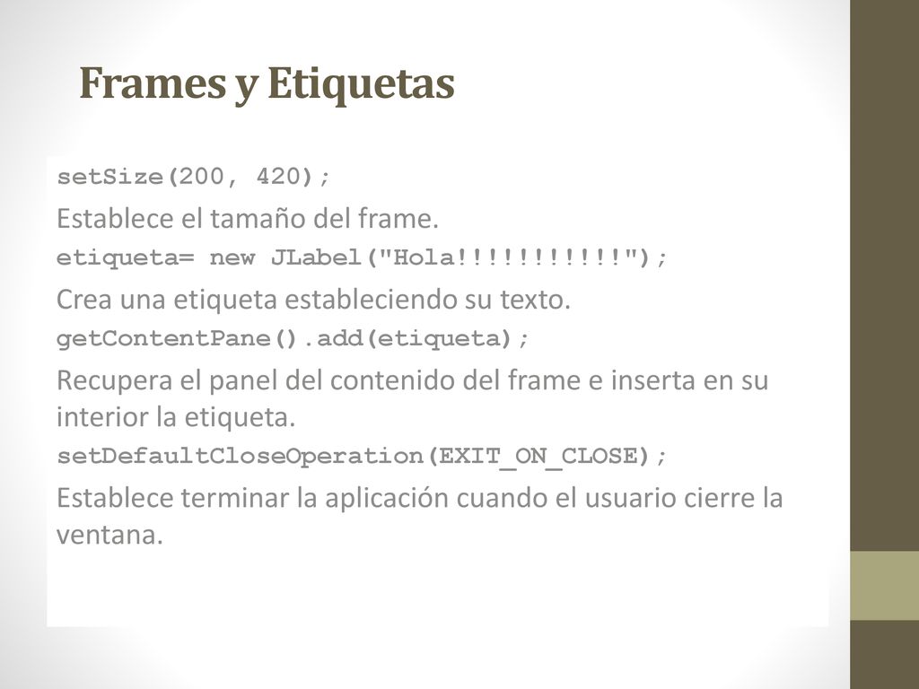 Frames y Etiquetas Establece el tamaño del frame.