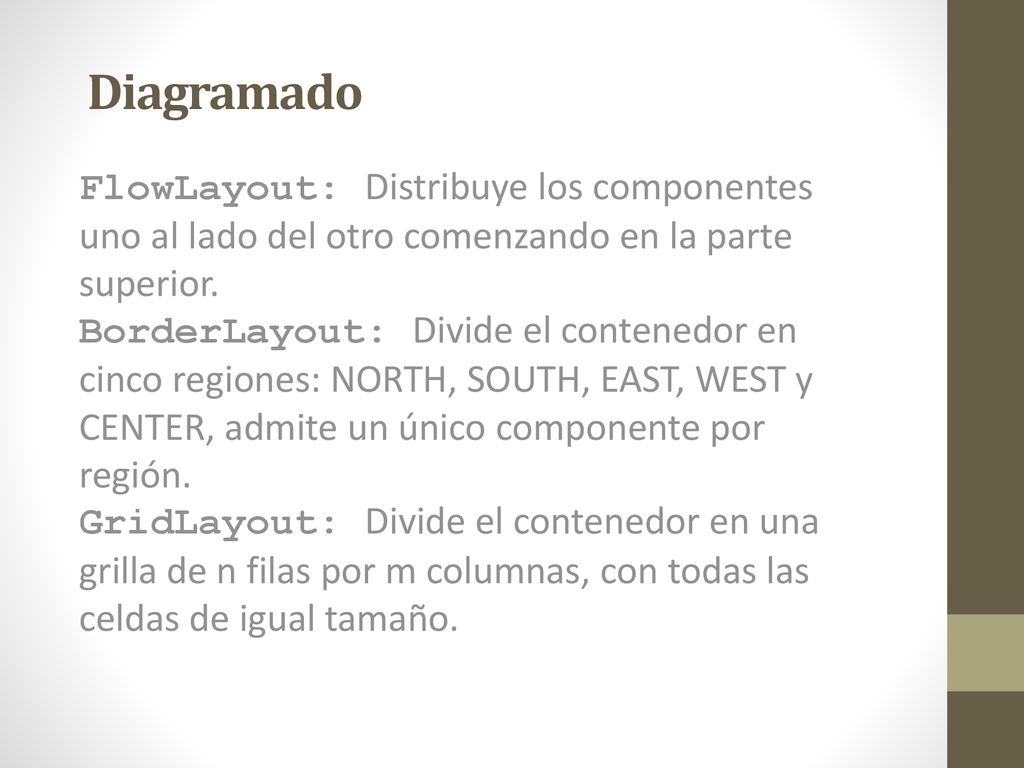 Diagramado FlowLayout: Distribuye los componentes uno al lado del otro comenzando en la parte superior.