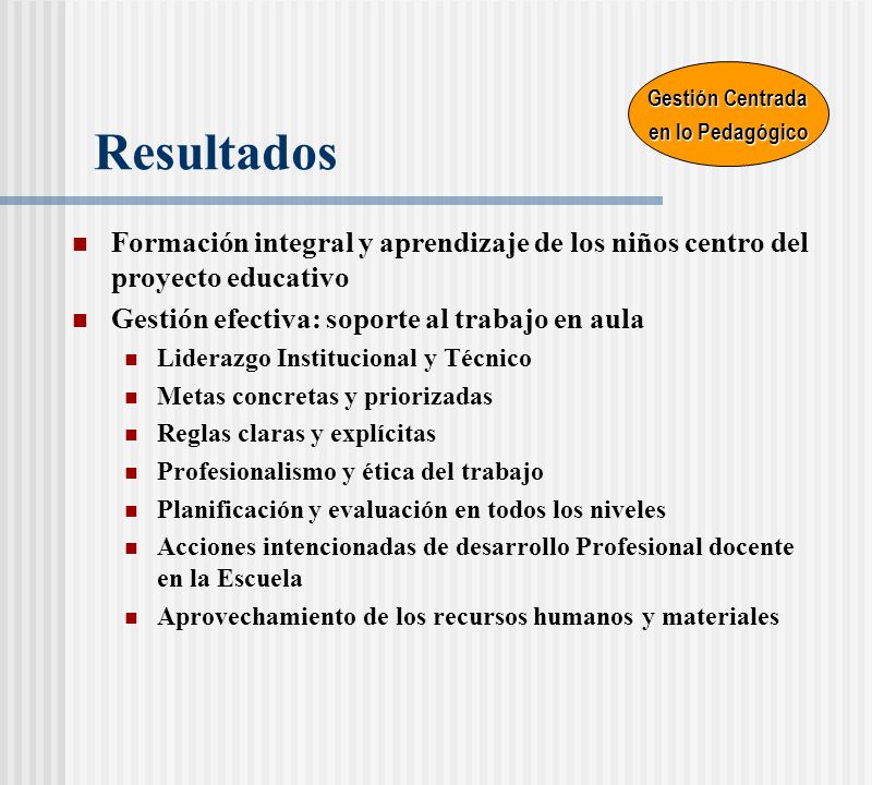 Gestión Centrada en lo Pedagógico. Resultados. Formación integral y aprendizaje de los niños centro del proyecto educativo.