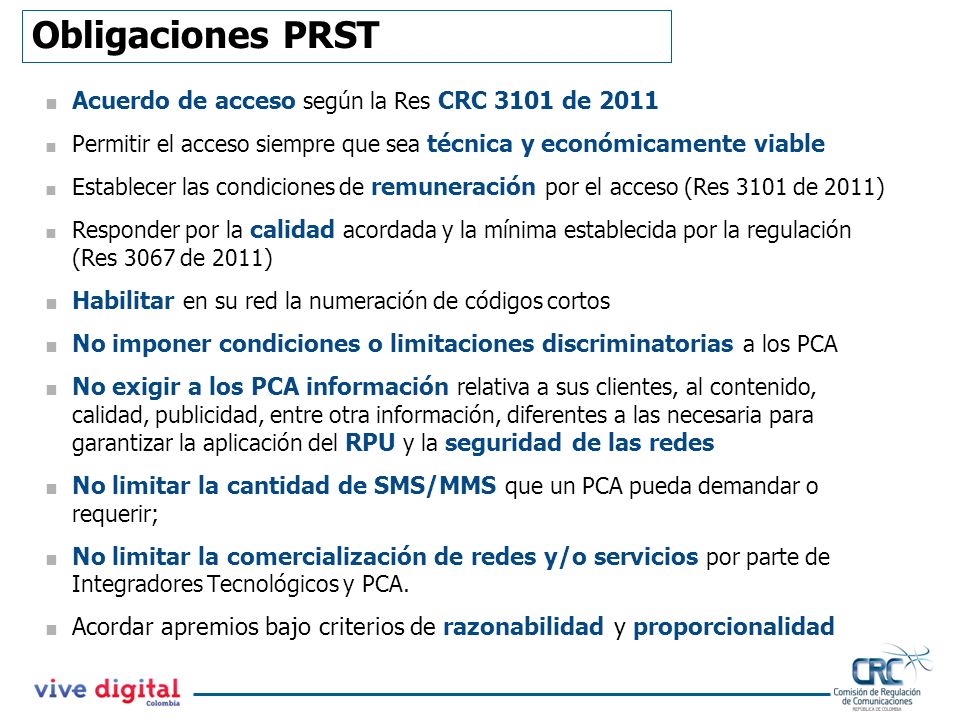 Obligaciones PRST Acuerdo de acceso según la Res CRC 3101 de 2011