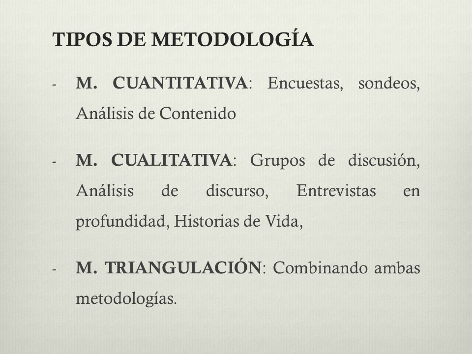 TIPOS DE METODOLOGÍA M. CUANTITATIVA: Encuestas, sondeos, Análisis de Contenido.