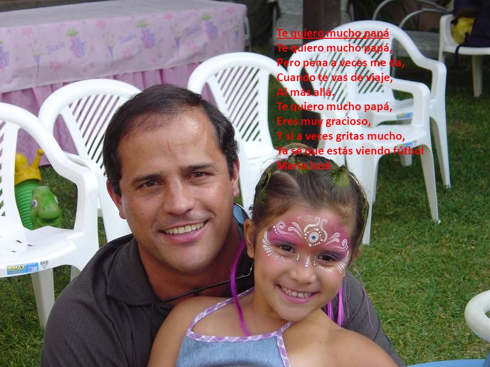 Te quiero mucho papá Te quiero mucho papá, Pero pena a veces me da, Cuando te vas de viaje, Al más allá.