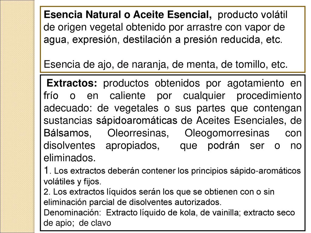 Esencia de ajo, de naranja, de menta, de tomillo, etc.
