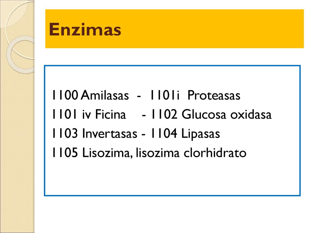 Enzimas 1100 Amilasas i Proteasas 1101 iv Ficina Glucosa oxidasa 1103 Invertasas Lipasas 1105 Lisozima, lisozima clorhidrato