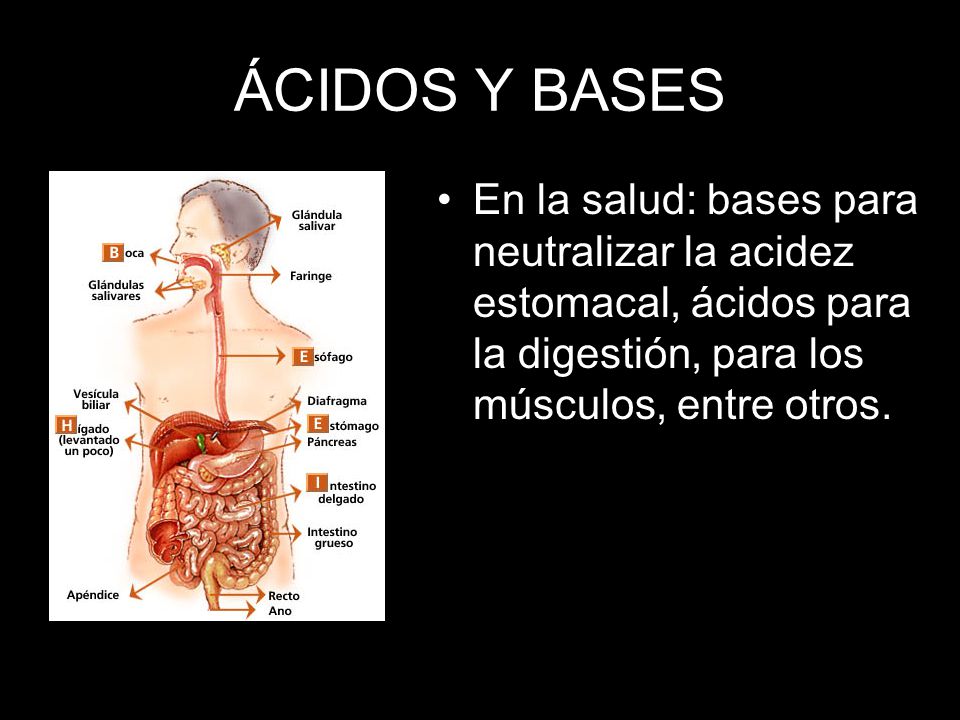 ÁCIDOS Y BASES En la salud: bases para neutralizar la acidez estomacal, ácidos para la digestión, para los músculos, entre otros.