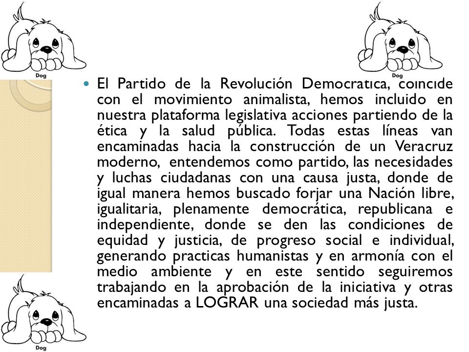 El Partido de la Revolución Democrática, coincide con el movimiento animalista, hemos incluido en nuestra plataforma legislativa acciones partiendo de la ética y la salud pública.