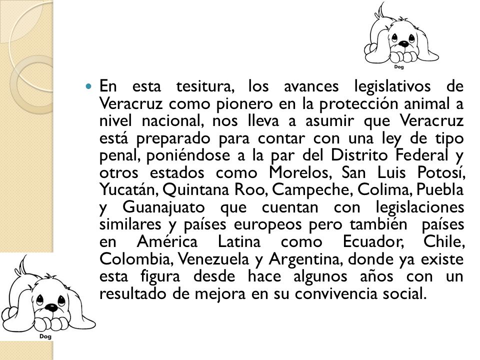 En esta tesitura, los avances legislativos de Veracruz como pionero en la protección animal a nivel nacional, nos lleva a asumir que Veracruz está preparado para contar con una ley de tipo penal, poniéndose a la par del Distrito Federal y otros estados como Morelos, San Luis Potosí, Yucatán, Quintana Roo, Campeche, Colima, Puebla y Guanajuato que cuentan con legislaciones similares y países europeos pero también países en América Latina como Ecuador, Chile, Colombia, Venezuela y Argentina, donde ya existe esta figura desde hace algunos años con un resultado de mejora en su convivencia social.