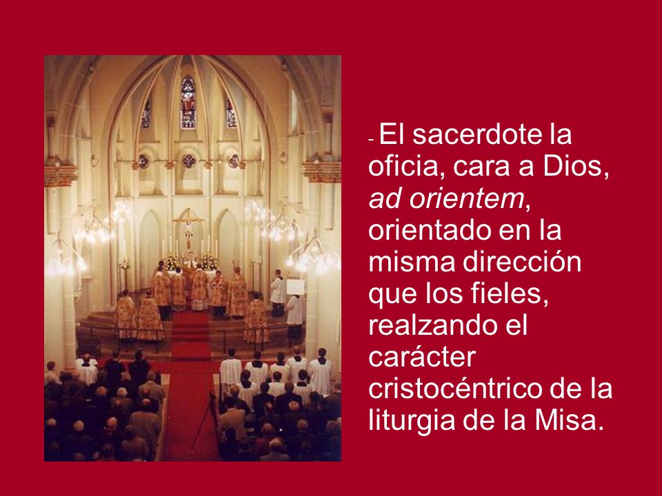 - El sacerdote la oficia, cara a Dios, ad orientem, orientado en la misma dirección que los fieles, realzando el carácter cristocéntrico de la liturgia de la Misa.