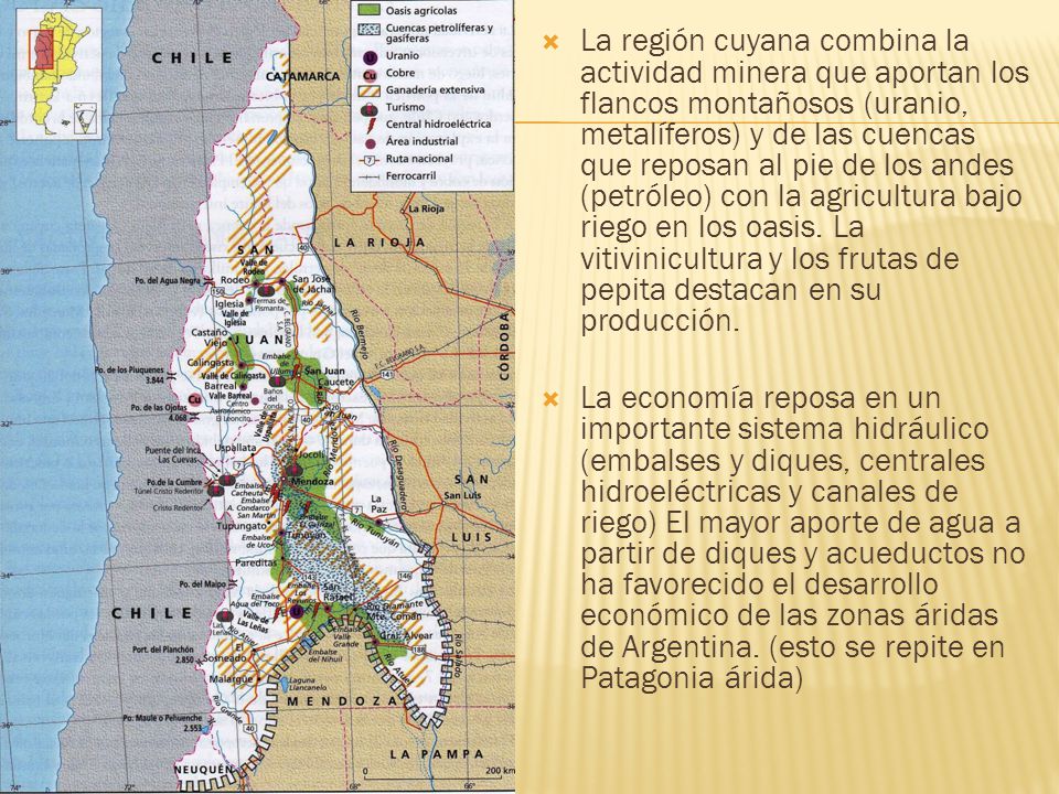 La región cuyana combina la actividad minera que aportan los flancos montañosos (uranio, metalíferos) y de las cuencas que reposan al pie de los andes (petróleo) con la agricultura bajo riego en los oasis. La vitivinicultura y los frutas de pepita destacan en su producción.