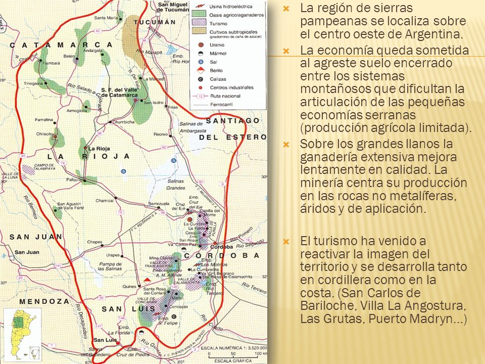 La región de sierras pampeanas se localiza sobre el centro oeste de Argentina.