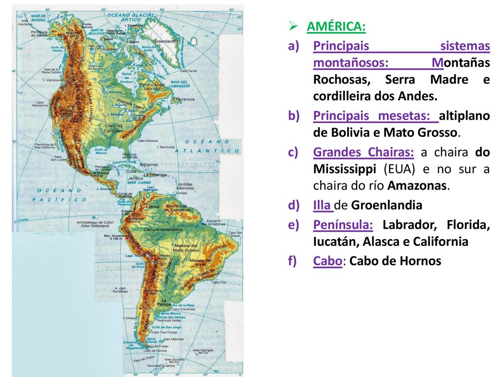 AMÉRICA: Principais sistemas montañosos: Montañas Rochosas, Serra Madre e cordilleira dos Andes.