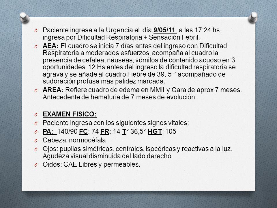 Paciente ingresa a la Urgencia el día 9/05/11 a las 17:24 hs, ingresa por Dificultad Respiratoria + Sensación Febril.