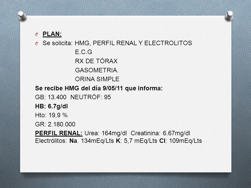 PLAN: Se solicita: HMG, PERFIL RENAL Y ELECTROLITOS. E.C.G. RX DE TÓRAX. GASOMETRIA. ORINA SIMPLE.