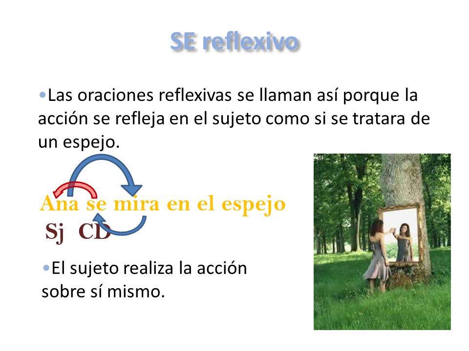 SE reflexivo Ana se mira en el espejo Sj CD