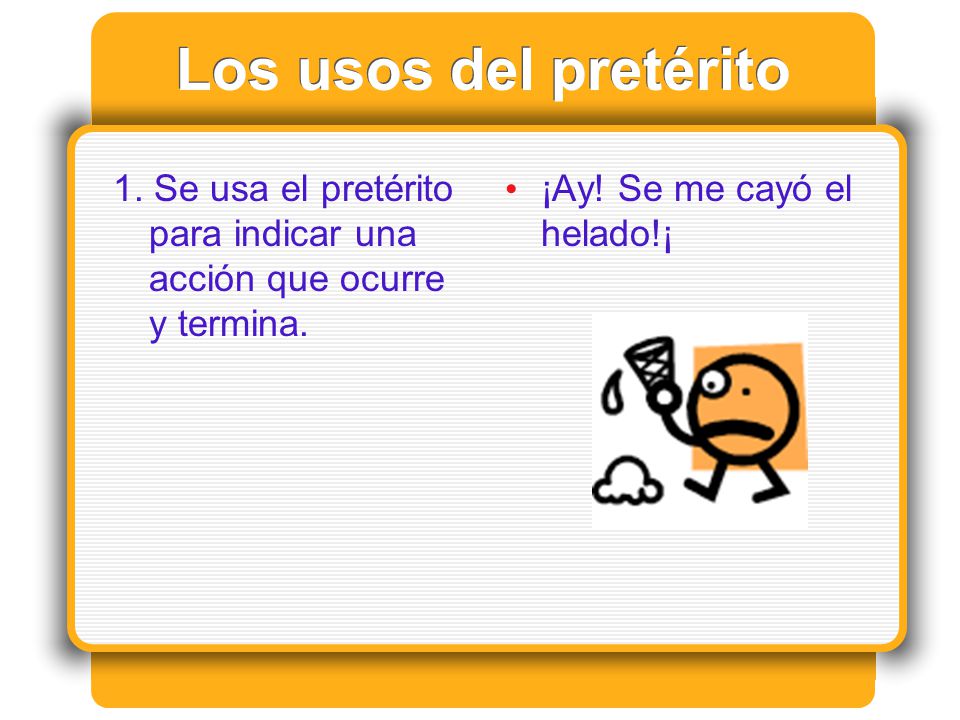 Los usos del pretérito 1. Se usa el pretérito para indicar una acción que ocurre y termina.