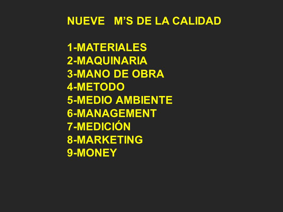 NUEVE M’S DE LA CALIDAD 1-MATERIALES. 2-MAQUINARIA. 3-MANO DE OBRA. 4-METODO. 5-MEDIO AMBIENTE.