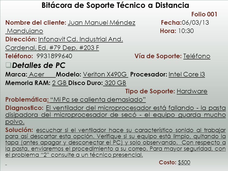 Bitácora de Soporte Técnico a Distancia