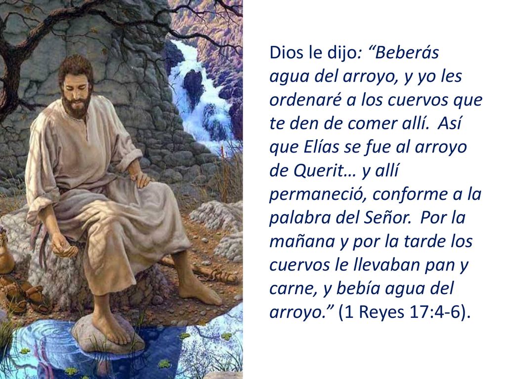 Dios le dijo: Beberás agua del arroyo, y yo les ordenaré a los cuervos que te den de comer allí. Así que Elías se fue al arroyo de Querit… y allí permaneció, conforme a la palabra del Señor.
