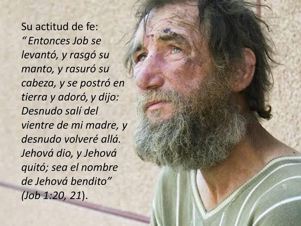Su actitud de fe: Entonces Job se levantó, y rasgó su manto, y rasuró su cabeza, y se postró en tierra y adoró, y dijo: Desnudo salí del vientre de mi madre, y desnudo volveré allá.