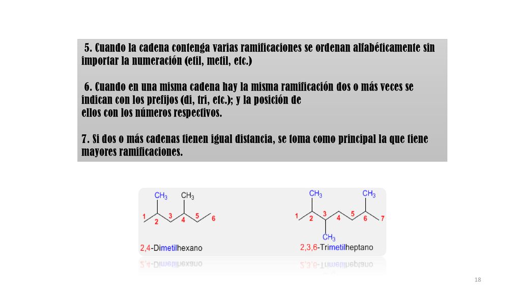 5. Cuando la cadena contenga varias ramificaciones se ordenan alfabéticamente sin importar la numeración (etil, metil, etc.)