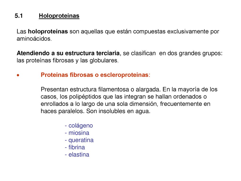 5.1 Holoproteínas Las holoproteínas son aquellas que están compuestas exclusivamente por aminoácidos.